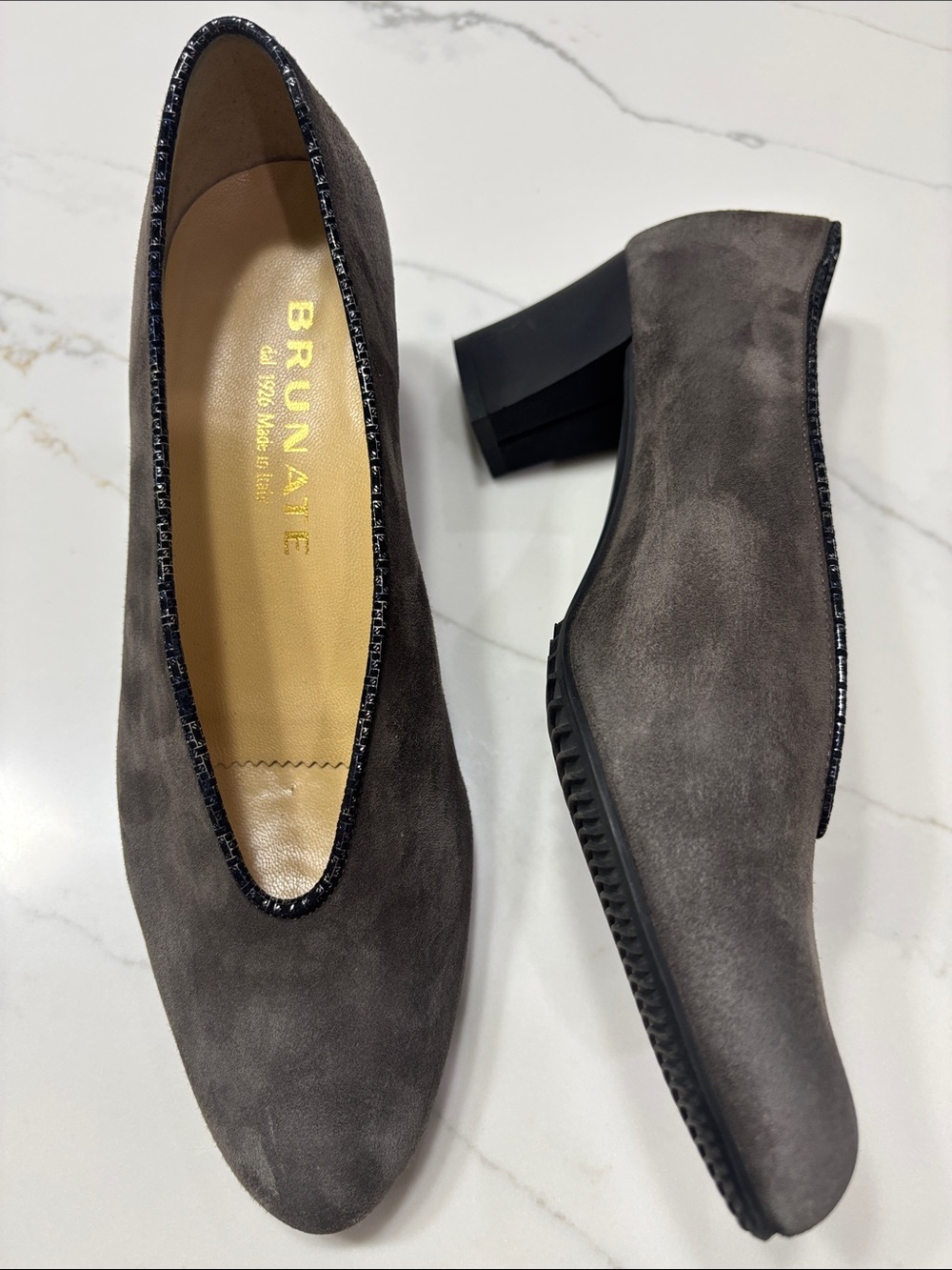 Brunate Gray Suede Low Block Heel Slip-On Loafers